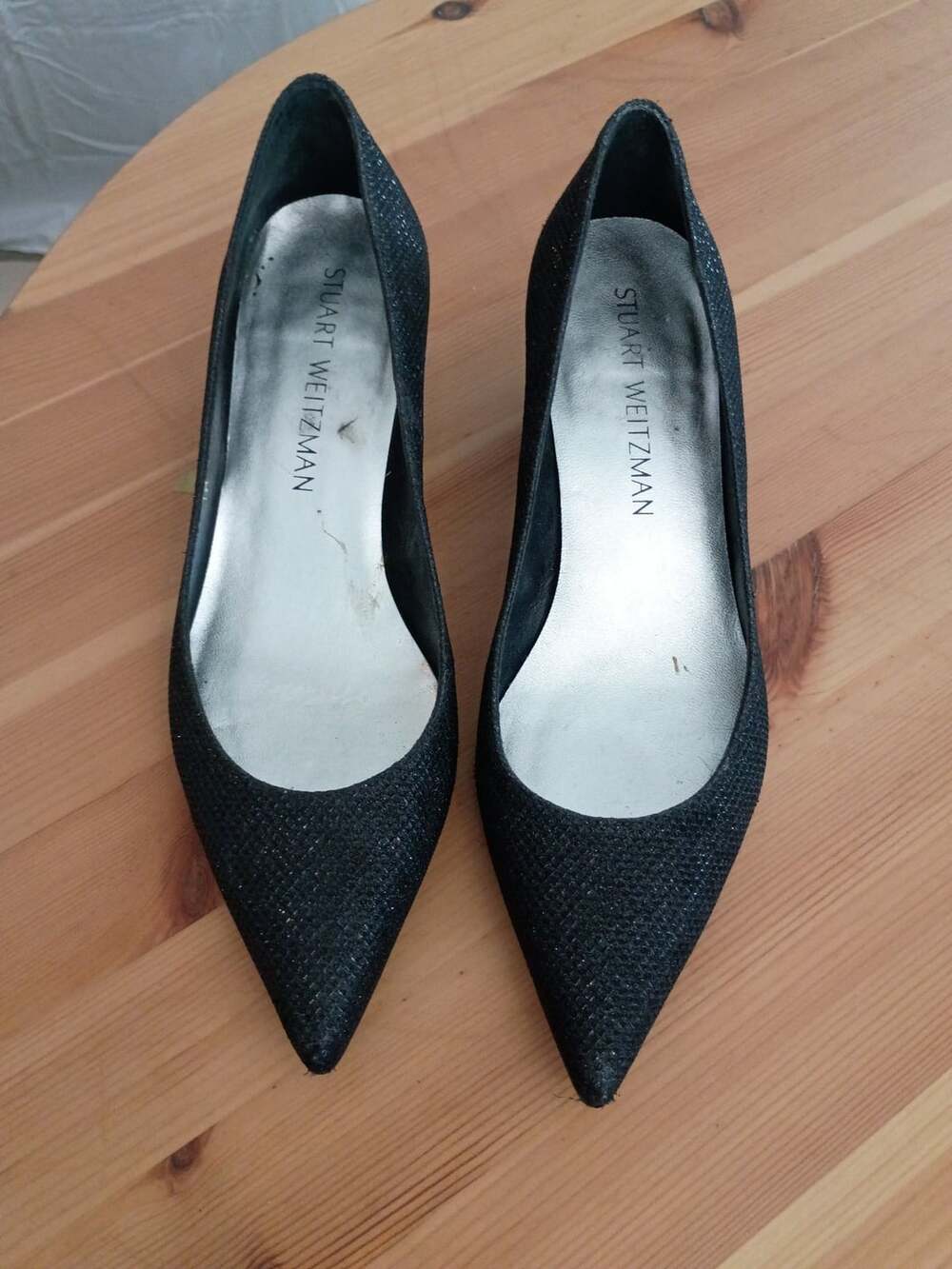 Stuart Weitzman Black Glitter Pointed Toe Low Heel Pumps